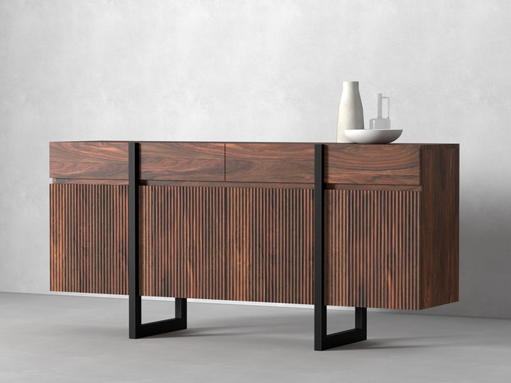 Sideboard with four doors and four drawers made of solid sheesham wood and carbon steel