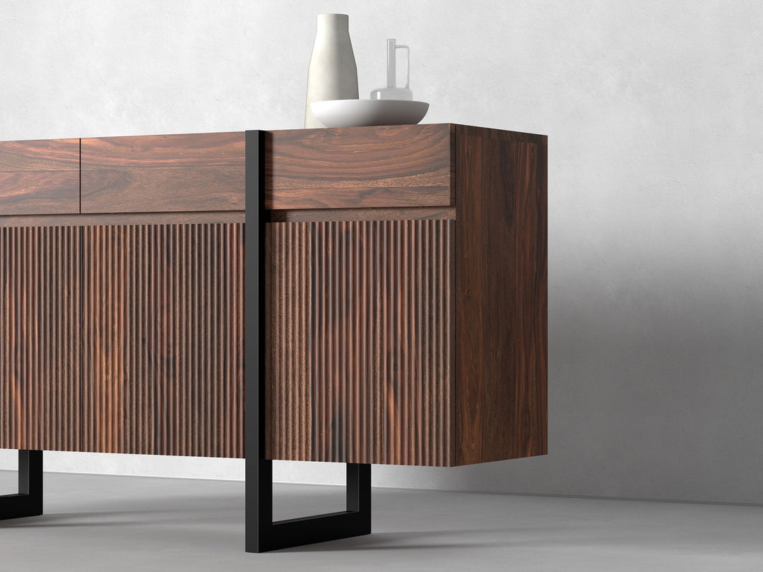 Sideboard with four doors and four drawers made of solid sheesham wood and carbon steel