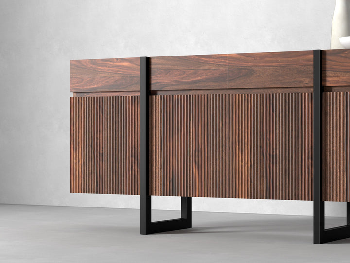 Sideboard with four doors and four drawers made of solid sheesham wood and carbon steel
