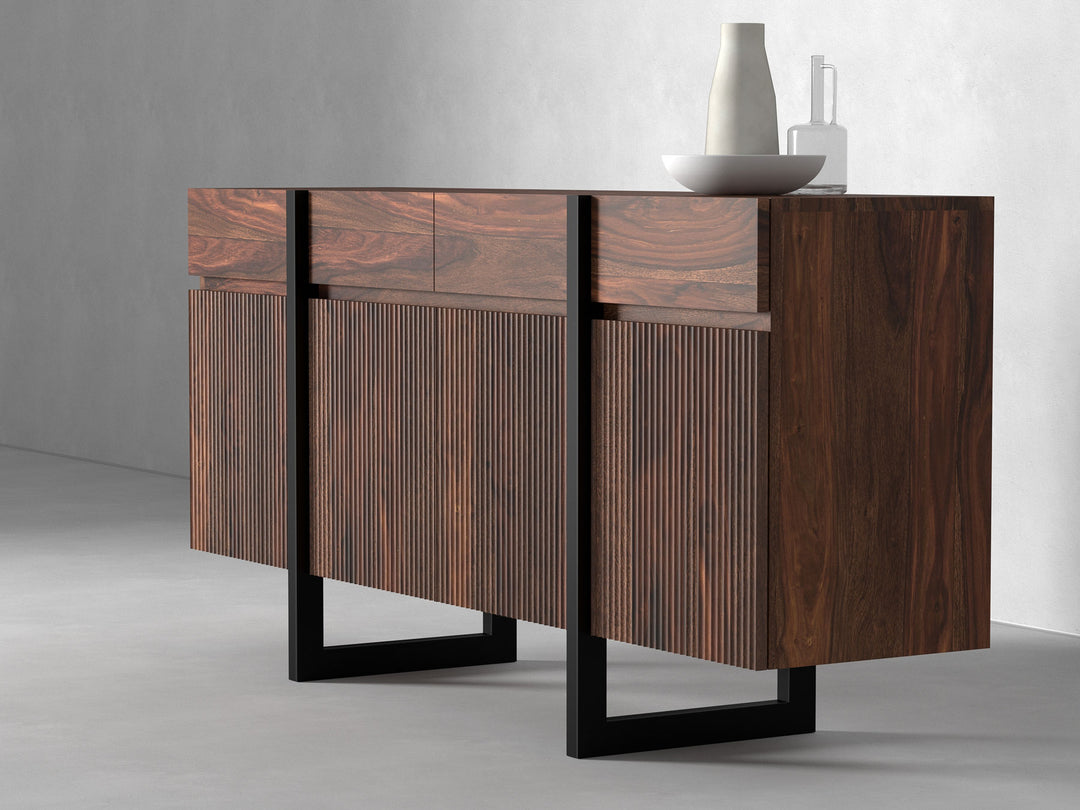 Sideboard with four doors and four drawers made of solid sheesham wood and carbon steel