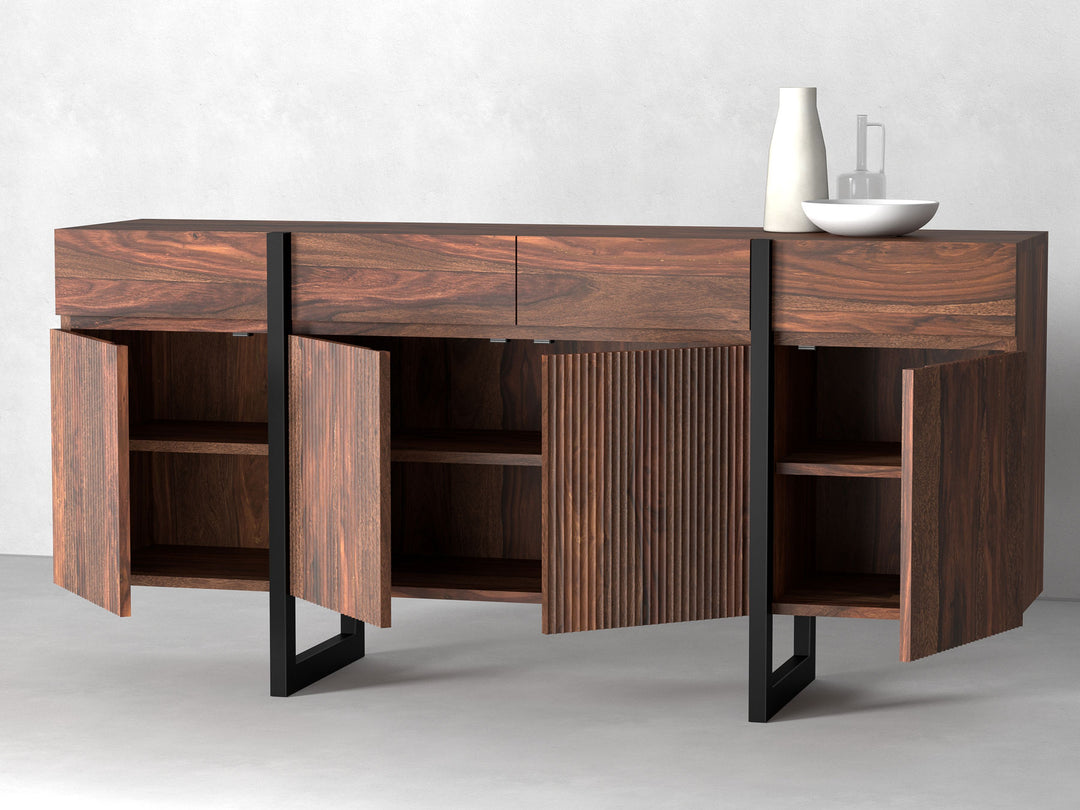 Sideboard with four doors and four drawers made of solid sheesham wood and carbon steel