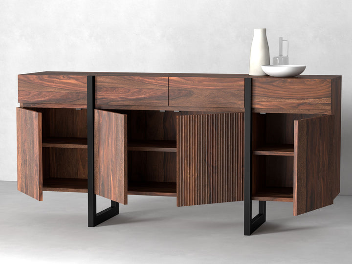 Sideboard with four doors and four drawers made of solid sheesham wood and carbon steel