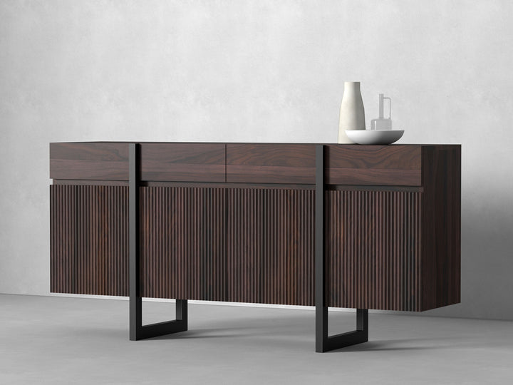 Sideboard with four doors and four drawers made of solid sheesham wood and carbon steel