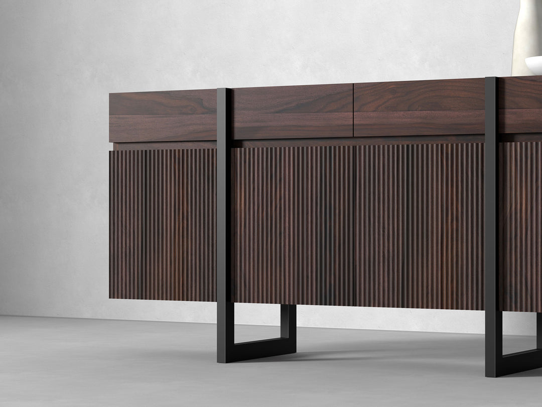 Sideboard with four doors and four drawers made of solid sheesham wood and carbon steel