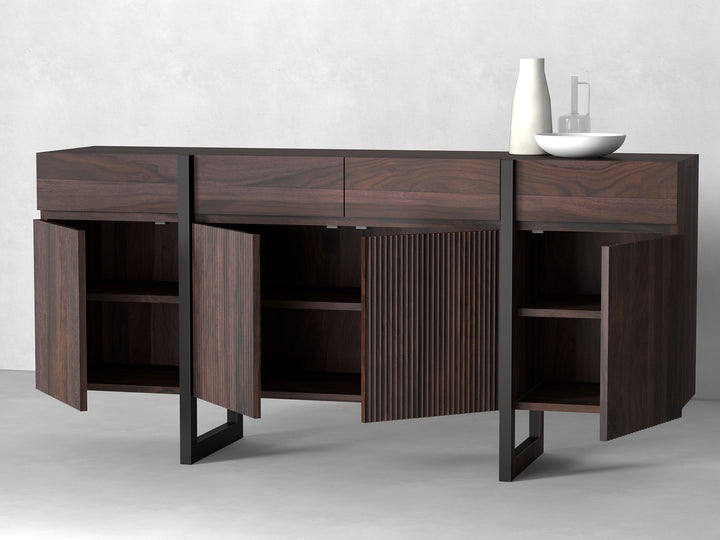 Sideboard with four doors and four drawers made of solid sheesham wood and carbon steel