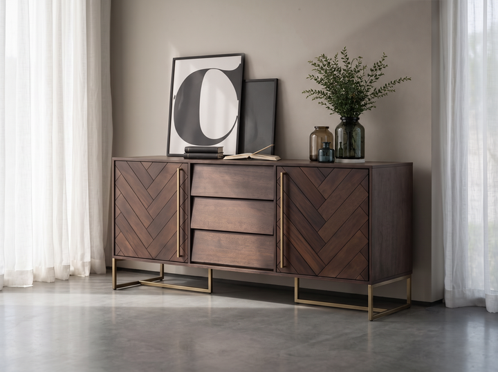 Sideboard, solid mango wood and steel, 3 drawers and 2 doors