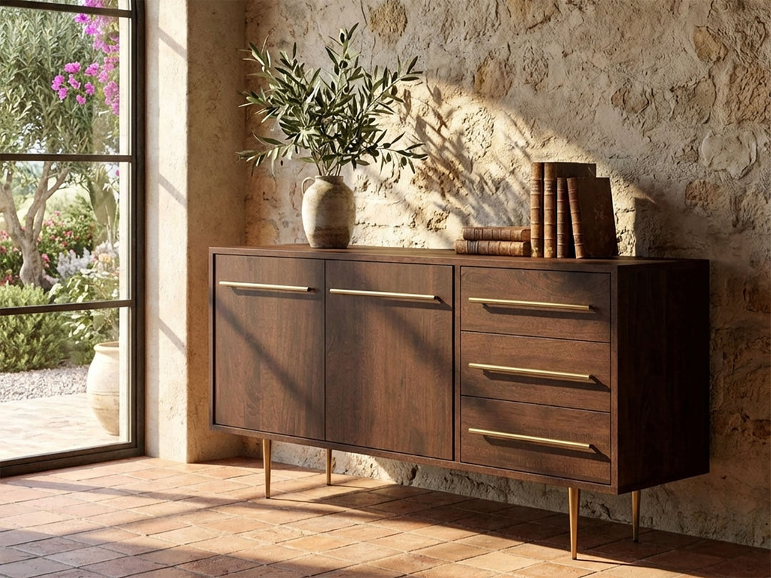 Sideboard, solid mango wood and steel, 2 doors and 3 drawers