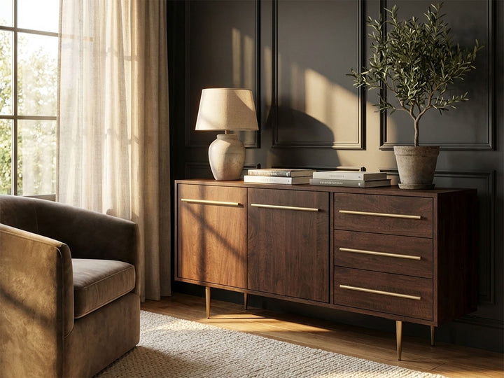 Sideboard, solid mango wood and steel, 2 doors and 3 drawers