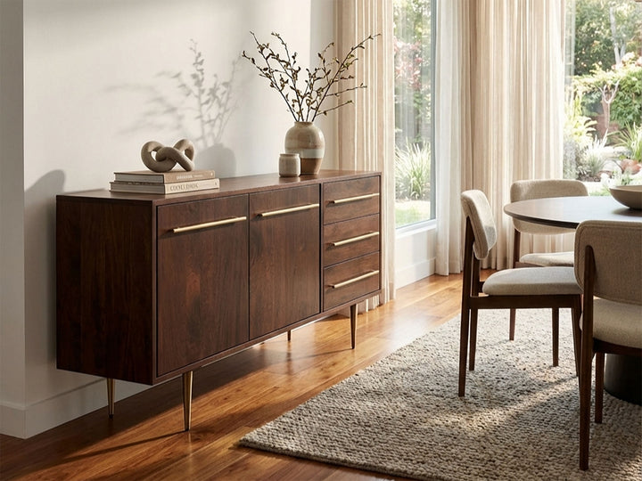 Sideboard, solid mango wood and steel, 2 doors and 3 drawers