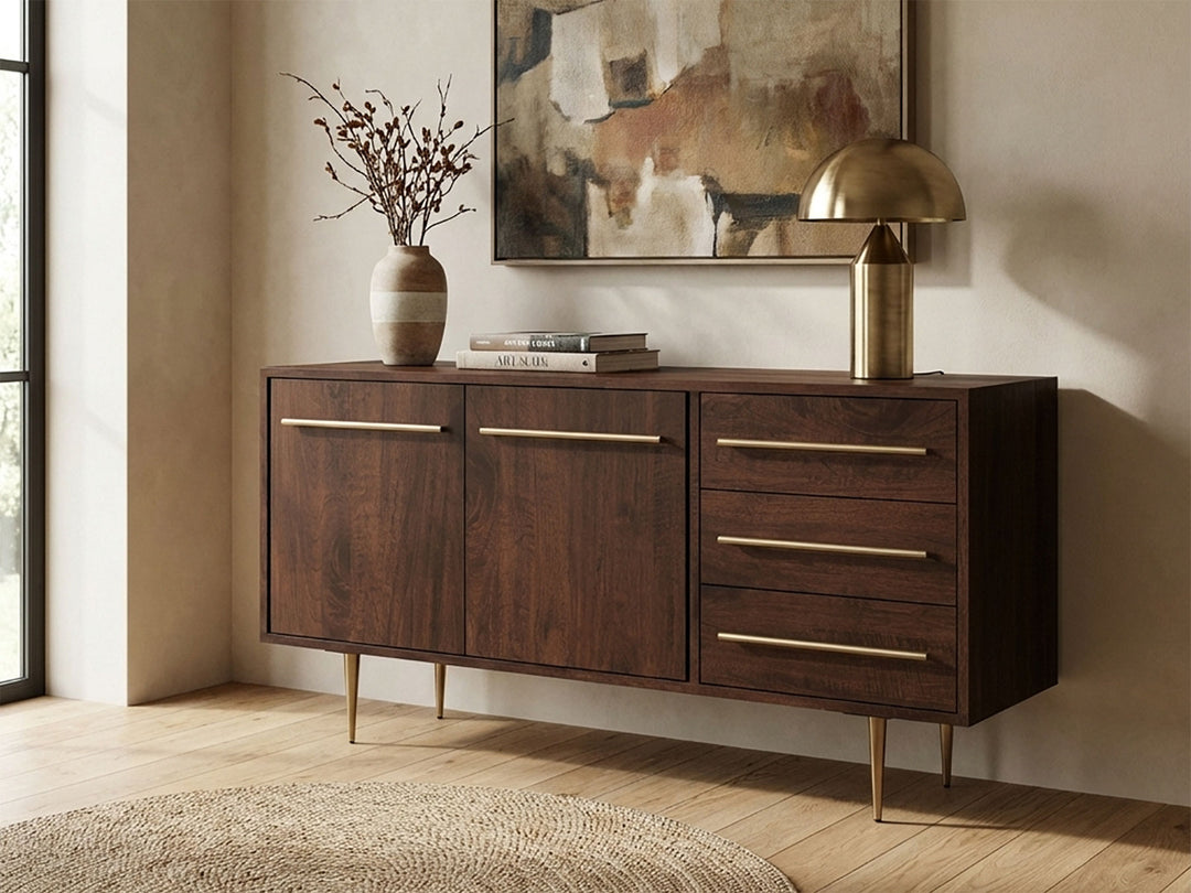 Sideboard, solid mango wood and steel, 2 doors and 3 drawers