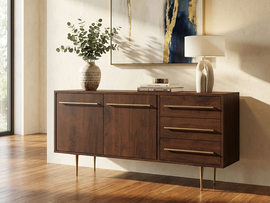 Sideboard, solid mango wood and steel, 2 doors and 3 drawers