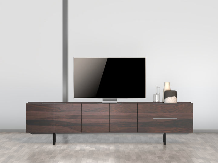 TV unit with four doors and two drawers made of solid sheesham wood and carbon steel