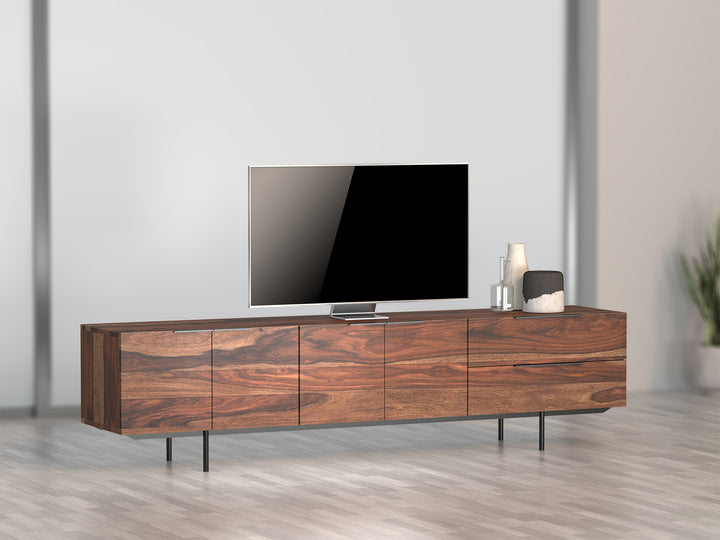 TV unit with four doors and two drawers made of solid sheesham wood and carbon steel