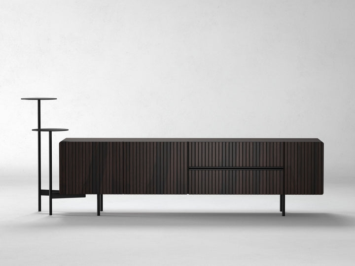 TV unit, solid sheesham wood and steel, 3 doors and 2 drawers