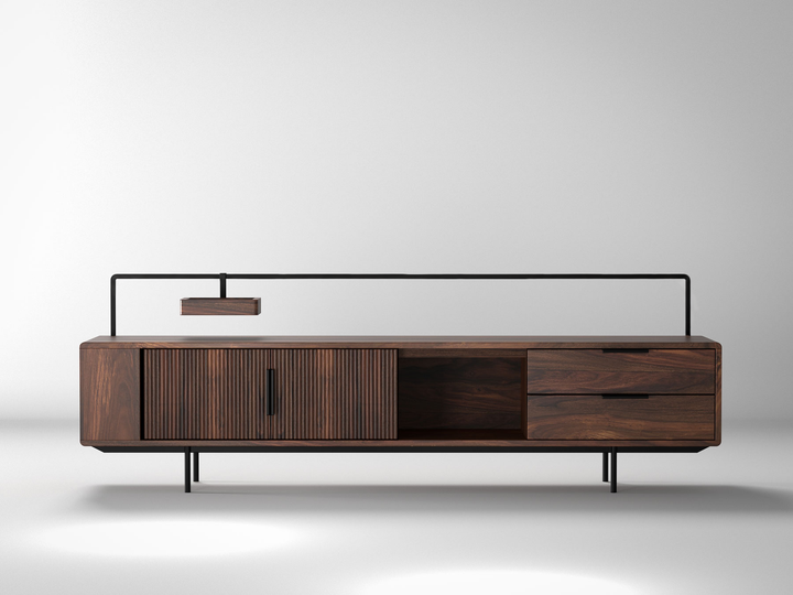 TV unit, solid sheesham wood and steel, 2 doors and 2 drawers