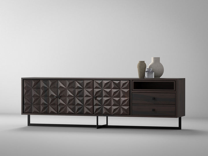 Suitable as a sideboard or TV unit, solid sheesham wood and steel, 3 doors and 2 drawers