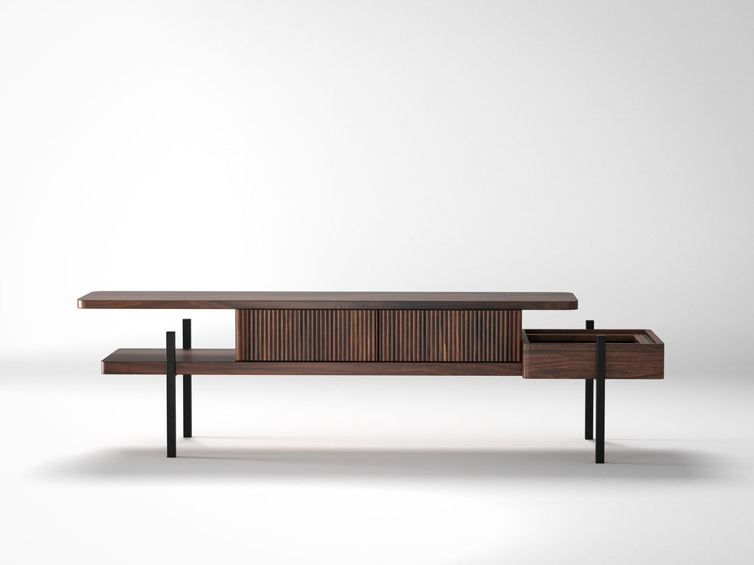 TV unit, solid sheesham wood and steel, 2 drawers