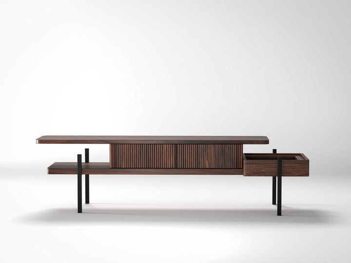 TV unit, solid sheesham wood and steel, 2 drawers