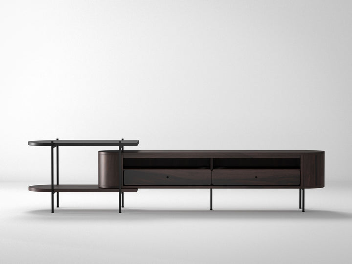 TV unit, solid sheesham wood and steel, 2 drawers