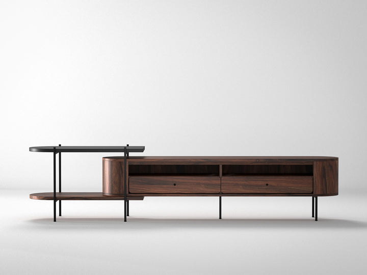 TV unit, solid sheesham wood and steel, 2 drawers