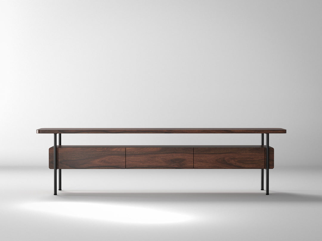 TV unit, solid sheesham wood and steel, 3 drawers