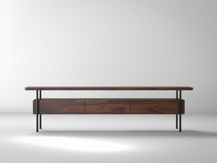 TV unit, solid sheesham wood and steel, 3 drawers