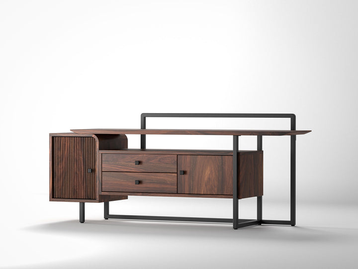 TV unit, solid sheesham wood and steel, 2 doors and 2 drawers