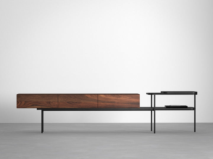 TV unit, solid sheesham wood and steel, 3 drawers