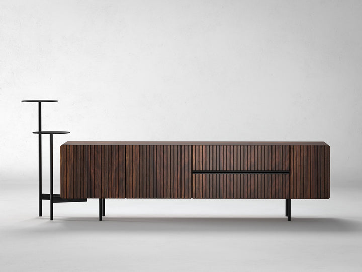 TV unit, solid sheesham wood and steel, 3 doors and 2 drawers