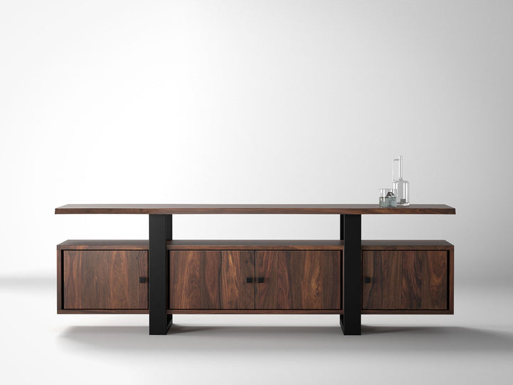 TV unit, solid sheesham wood and steel, 4 doors