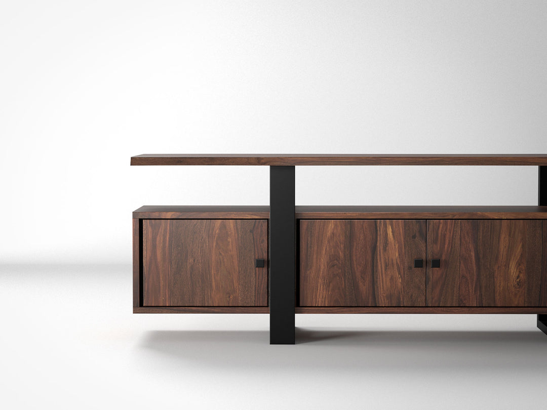 TV unit, solid sheesham wood and steel, 4 doors