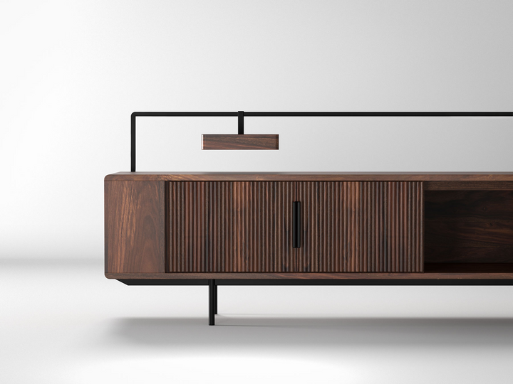 TV unit, solid sheesham wood and steel, 2 doors and 2 drawers
