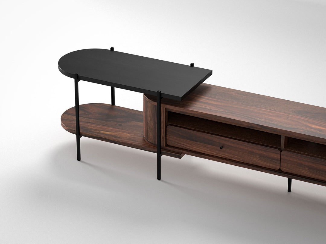 TV unit, solid sheesham wood and steel, 2 drawers