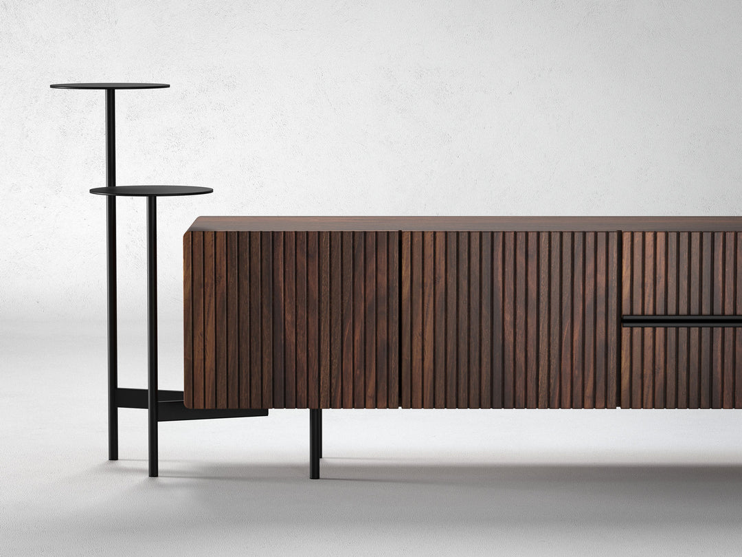 TV unit, solid sheesham wood and steel, 3 doors and 2 drawers