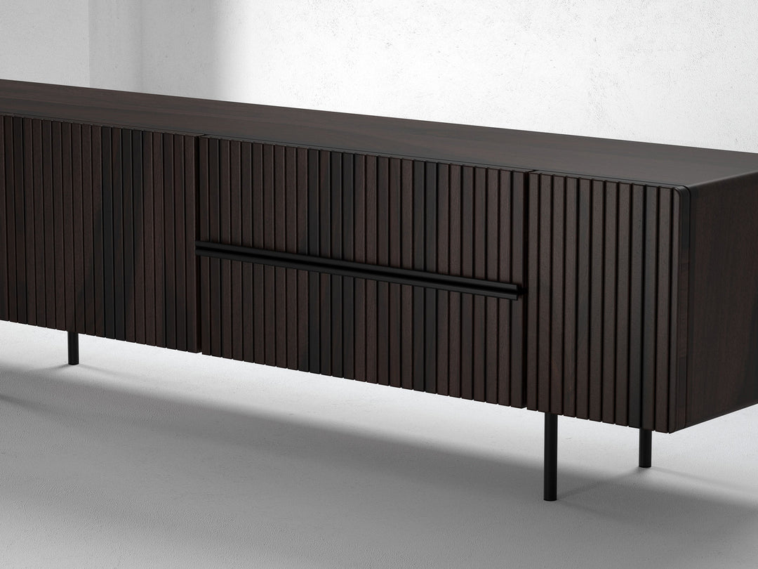 TV unit, solid sheesham wood and steel, 3 doors and 2 drawers