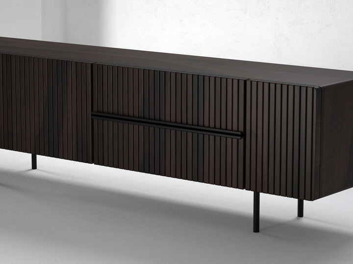TV unit, solid sheesham wood and steel, 3 doors and 2 drawers