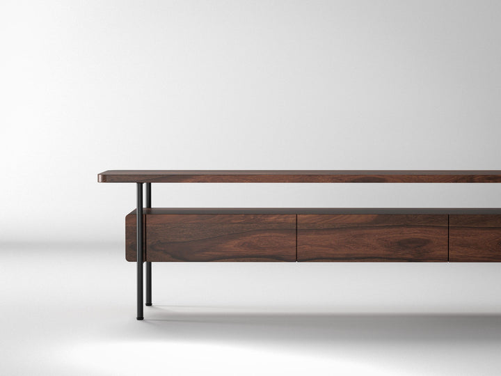 TV unit, solid sheesham wood and steel, 3 drawers