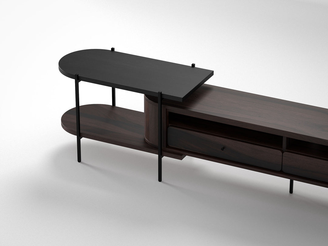 TV unit, solid sheesham wood and steel, 2 drawers