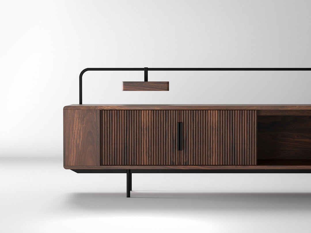 TV unit, solid sheesham wood and steel, 2 doors and 2 drawers