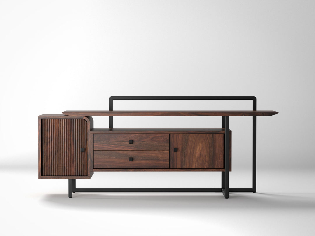 TV unit, solid sheesham wood and steel, 2 doors and 2 drawers
