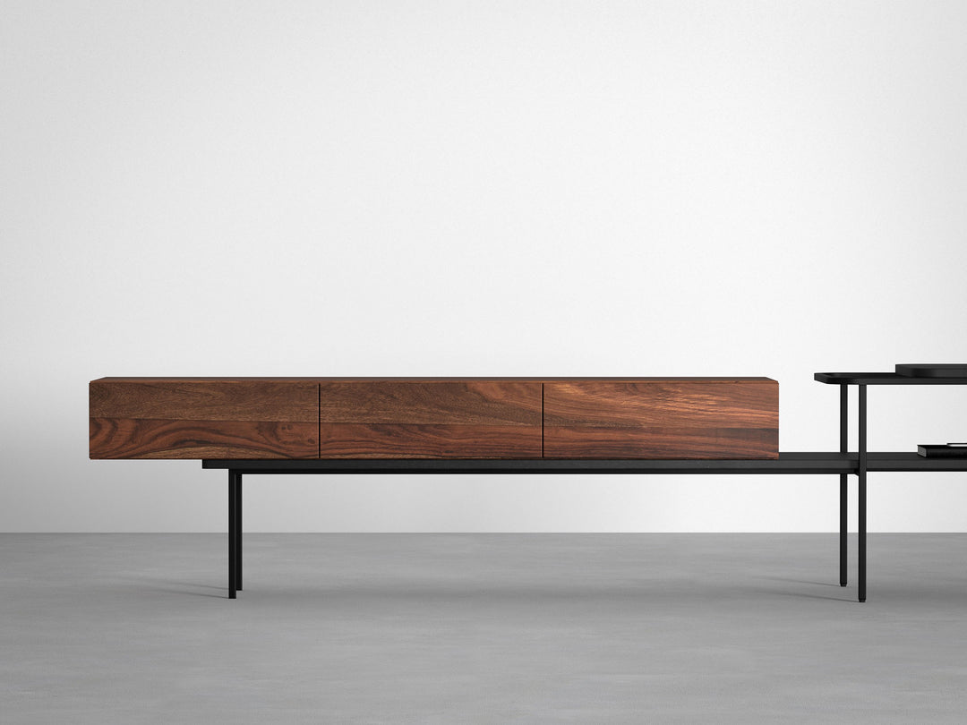 TV unit, solid sheesham wood and steel, 3 drawers