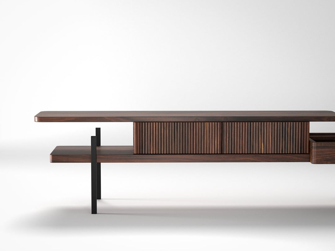 TV unit, solid sheesham wood and steel, 2 drawers