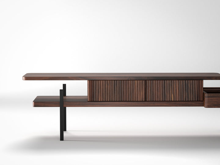 TV unit, solid sheesham wood and steel, 2 drawers