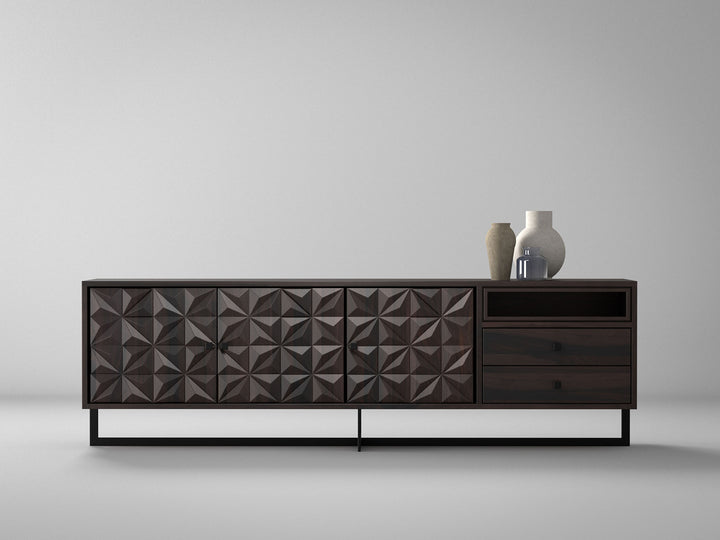 Suitable as a sideboard or TV unit, solid sheesham wood and steel, 3 doors and 2 drawers