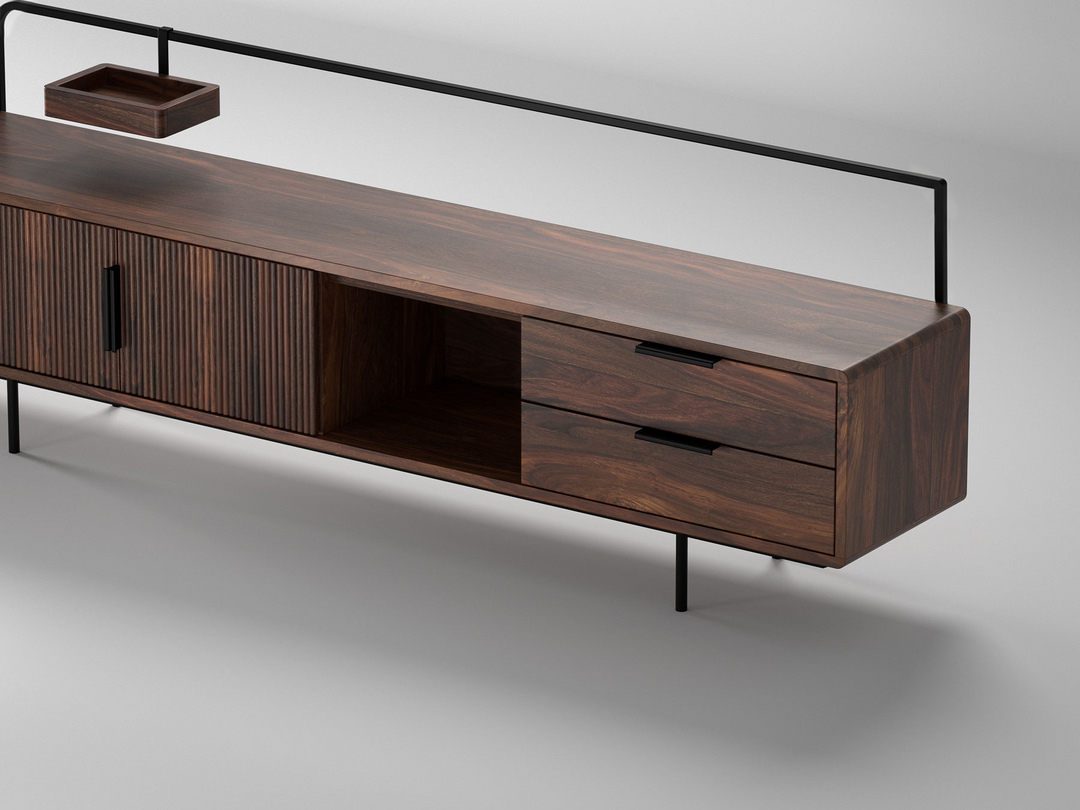 TV unit, solid sheesham wood and steel, 2 doors and 2 drawers
