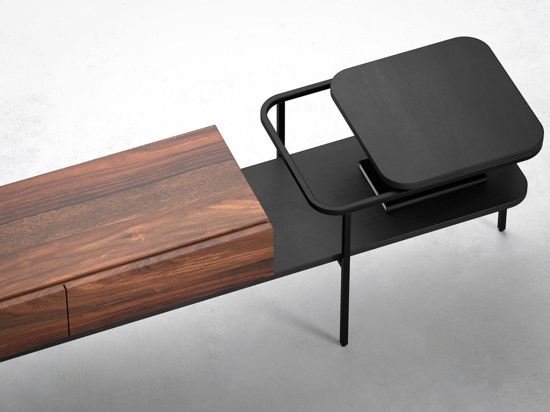 TV unit, solid sheesham wood and steel, 3 drawers