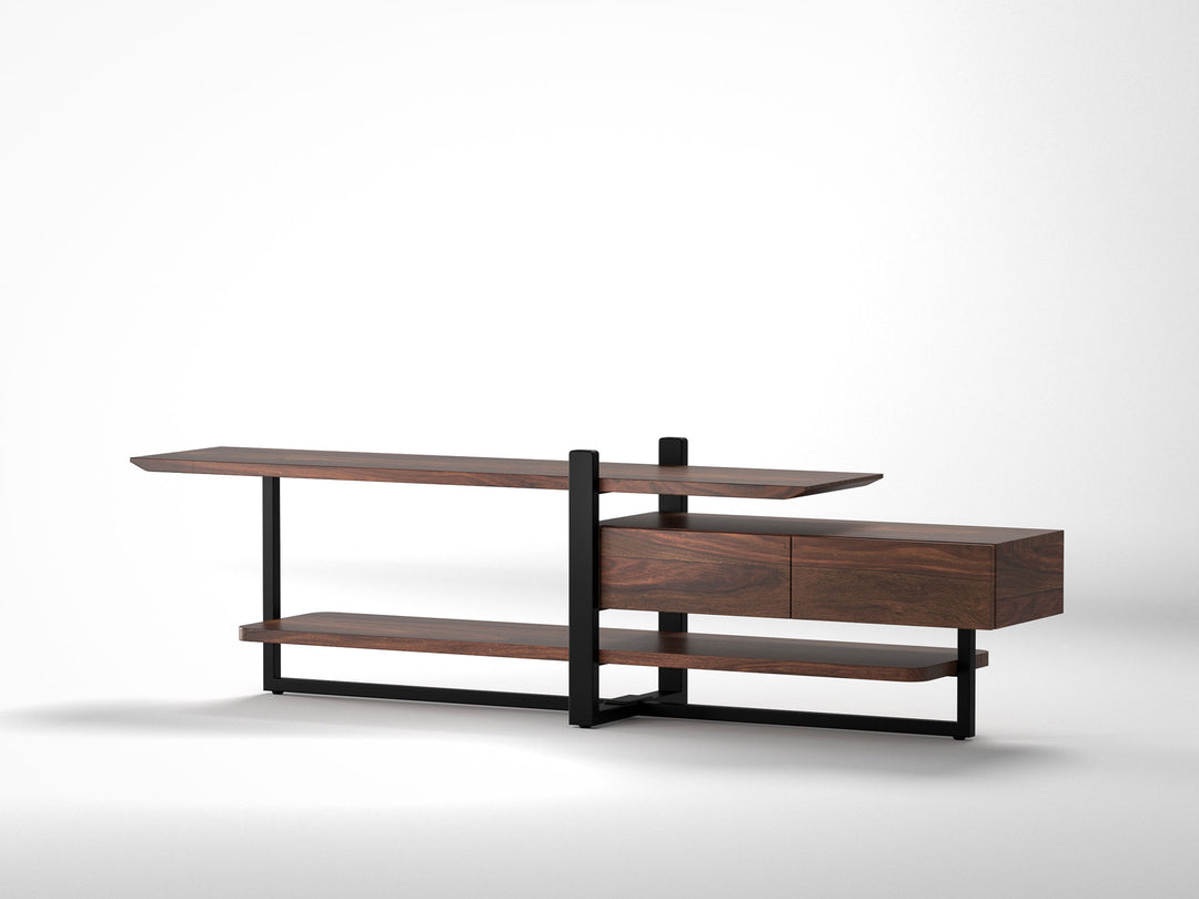 TV unit, solid sheesham wood and steel, 1 drawer