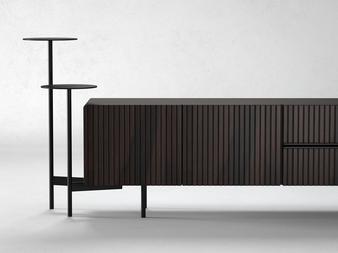 TV unit, solid sheesham wood and steel, 3 doors and 2 drawers