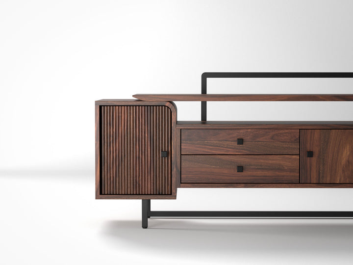 TV unit, solid sheesham wood and steel, 2 doors and 2 drawers