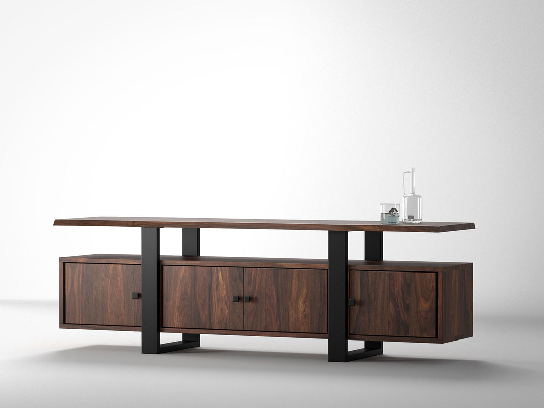 TV unit, solid sheesham wood and steel, 4 doors